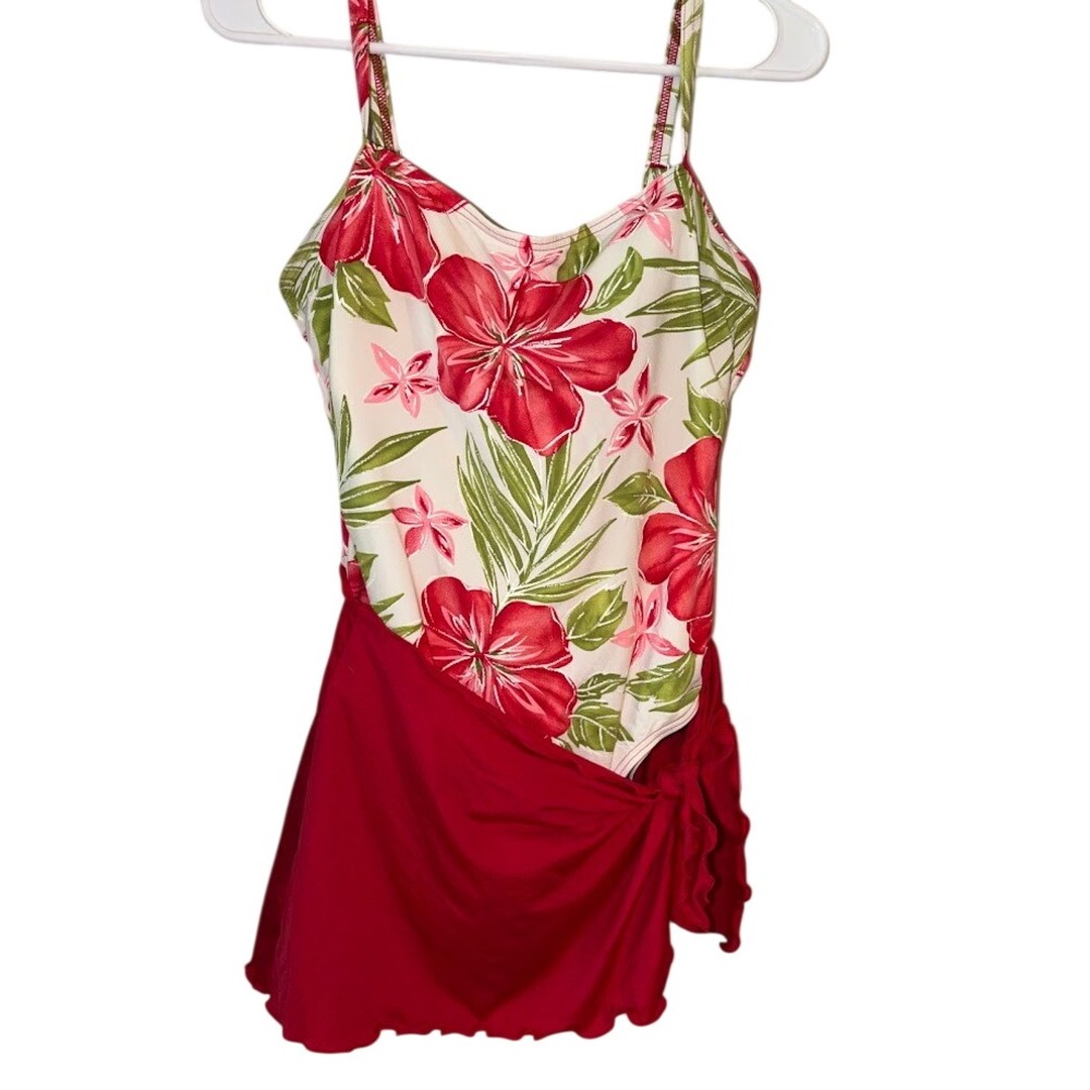 Christina Womens Floral Swim Dress Red White Tropical Hibiscus One Piece Size 12